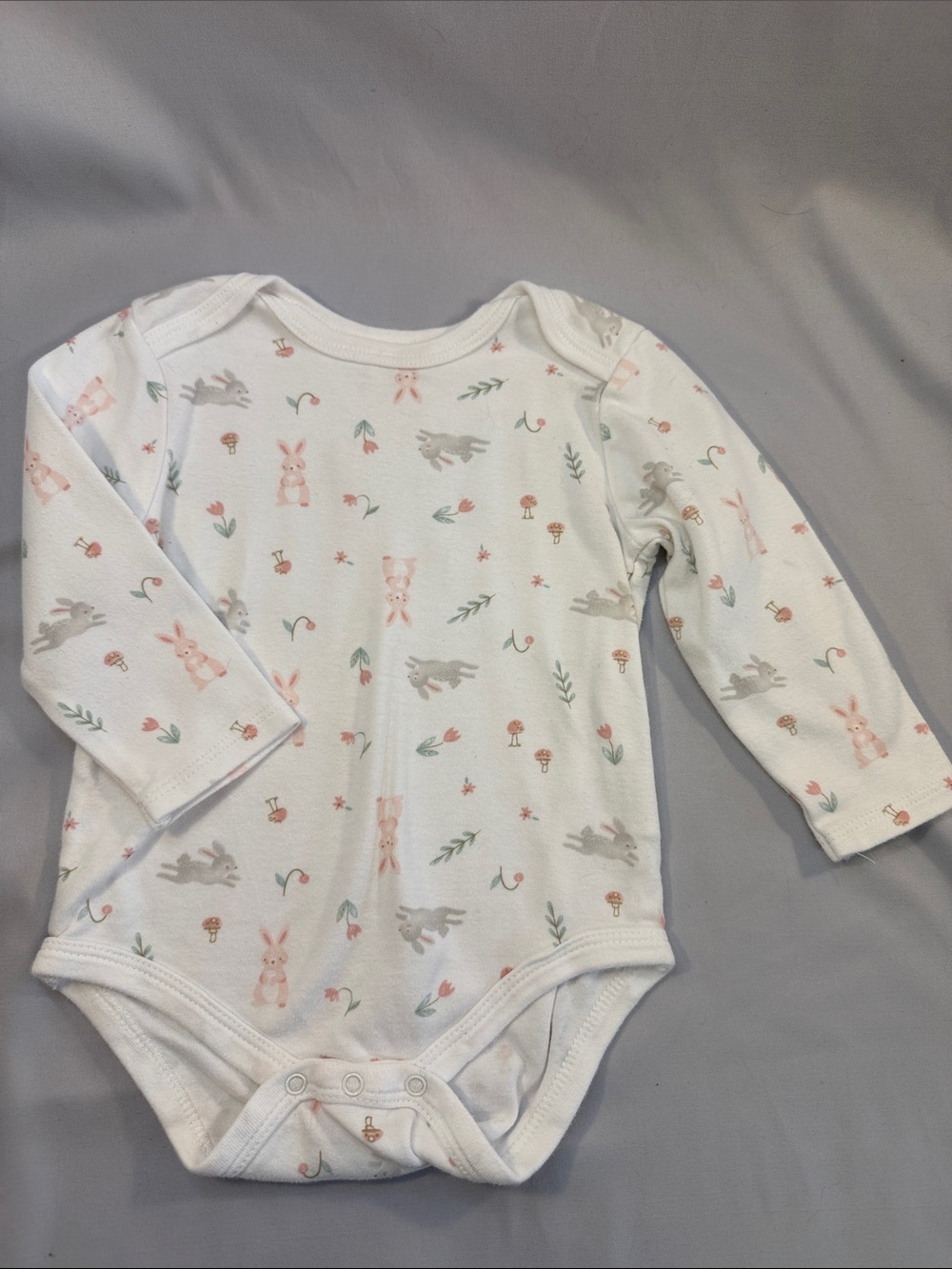 White Long-Sleeve Baby Bodysuit with Pink & Gray Bunny Print